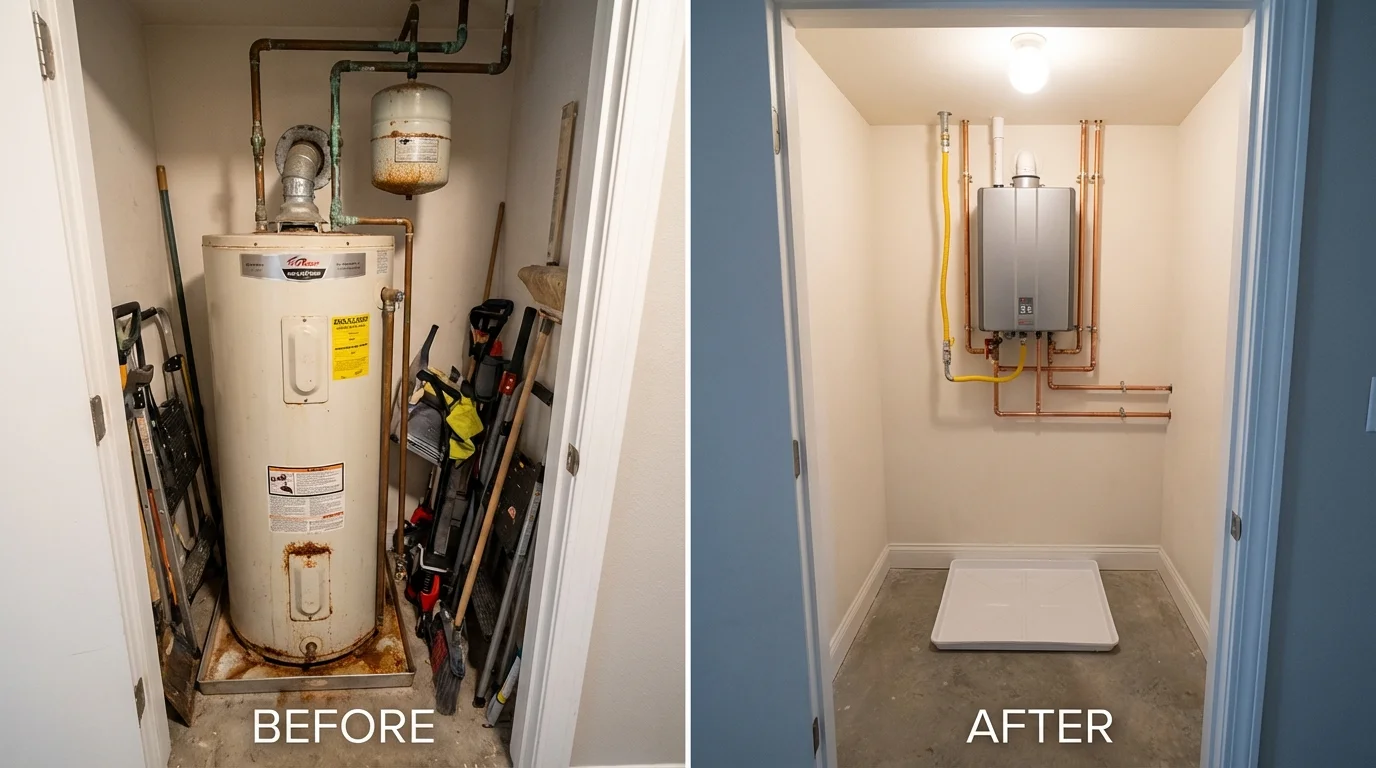 Tank water heater versus wall-mounted tankless unit comparison for Rochester, WA homeowners