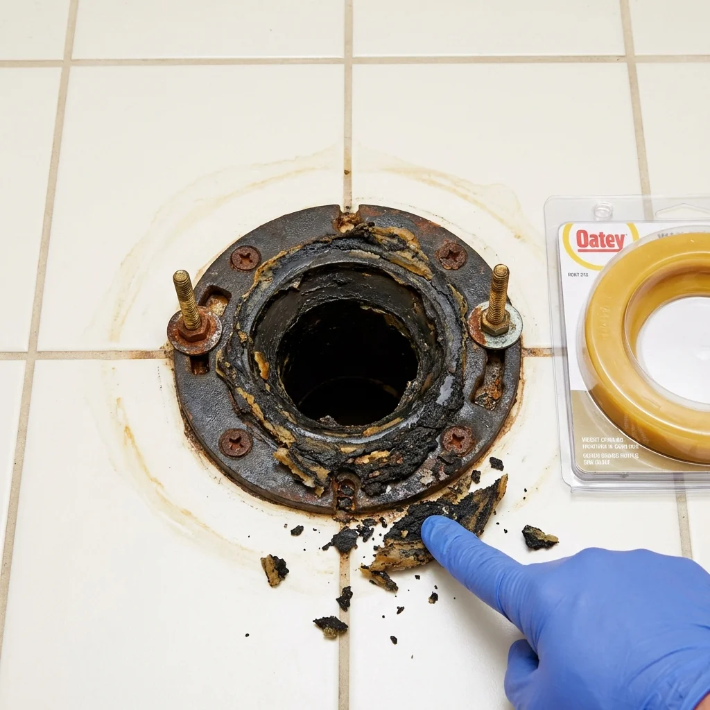Failed wax ring showing water seepage at the base of a toilet in a Rochester, WA home