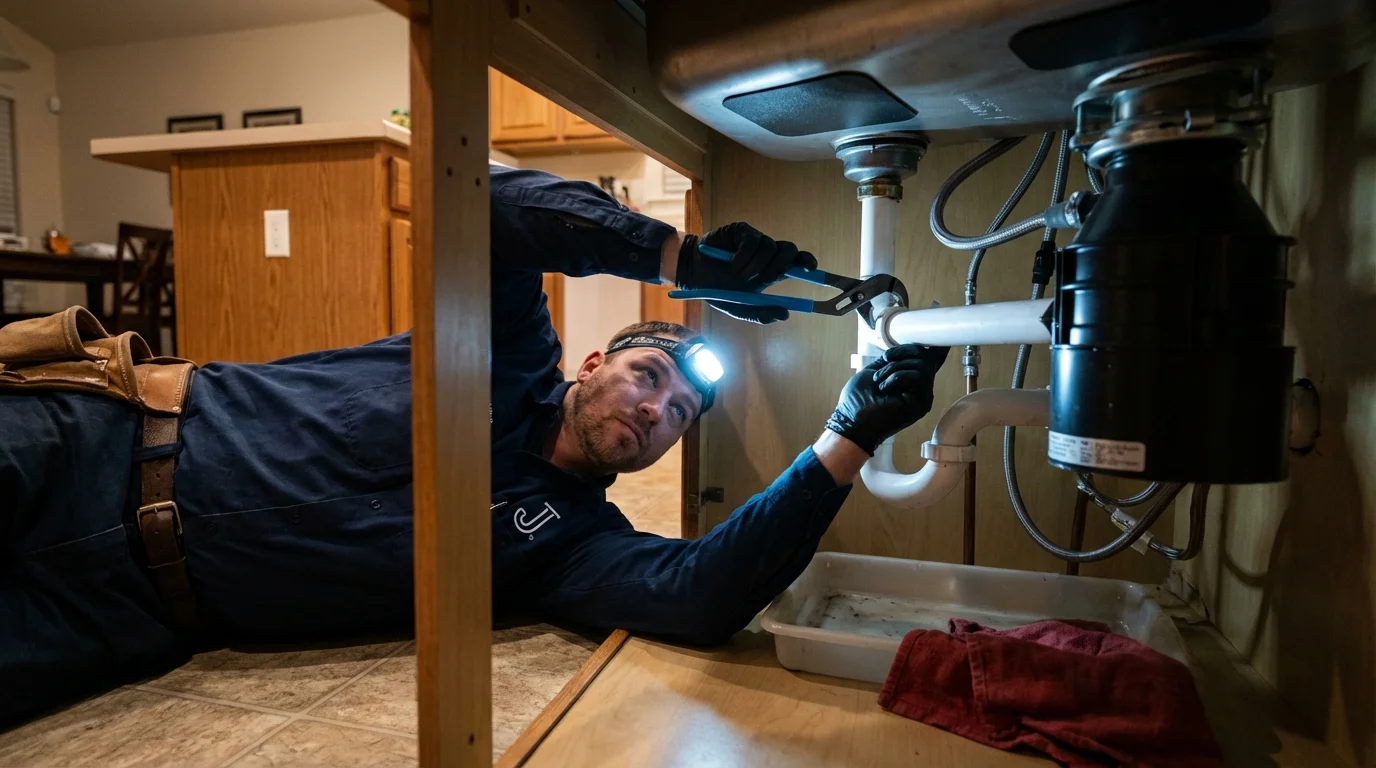 P-trap and supply line connections under a kitchen sink showing a common leak point in Rochester, WA